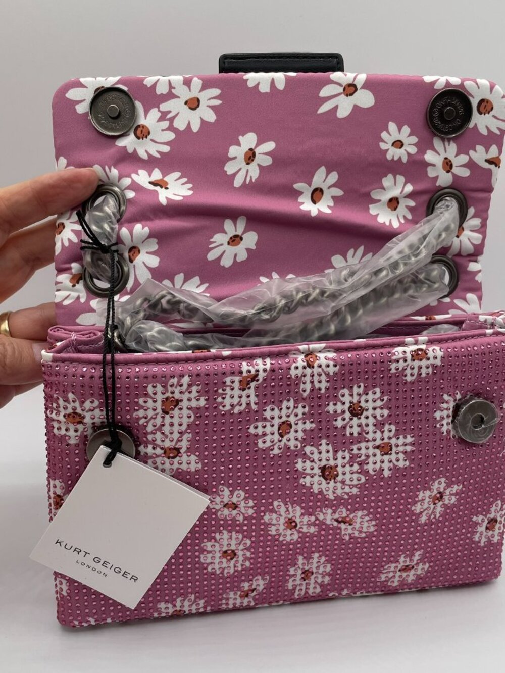 Kurt Geiger Crystal Encrusted Eagle Mini Kensington Pink Floral Crossbody Bag - Picture 5 of 16